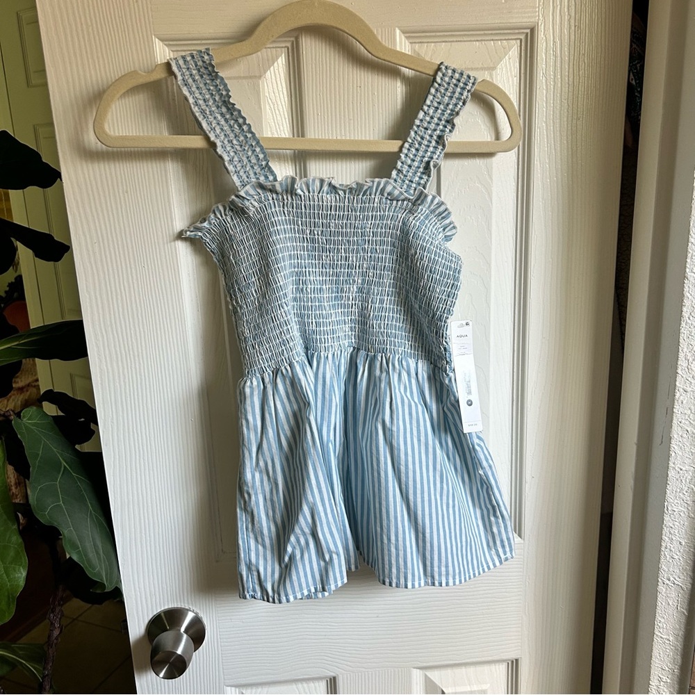 Aqua Bloomingdale’s blue and white stripe top babydoll smocked summer cotton